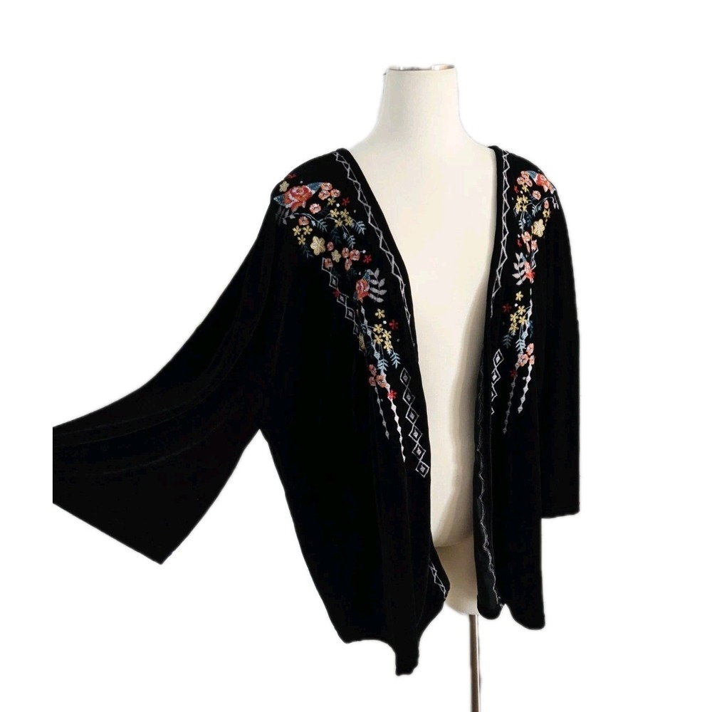Jodifl Black Velvet Embroidered Kimono Womens Medium Oversized Relaxed Boho